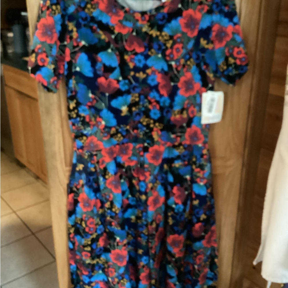 LuLaRoe Amelia Floral Midi Dress - Blue and Red